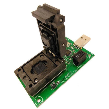 High-Frequency IC Test Socket for USB Programming Applications - open ZIF socket on PCB with USB plug for programming EMCP221 chips