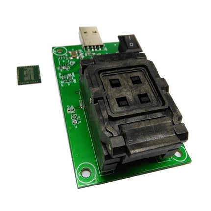 USB Socket for Programming Mobile Phone Components on green PCB with USB connector and IC test chip, no-solder IC programming and testing socket