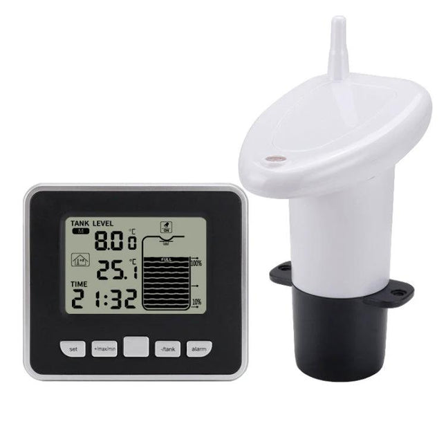 Electronic Water Tank Level Gauge with Temperature Monitor showing digital display and probe for 15m depth, real-time level and temperature alerts