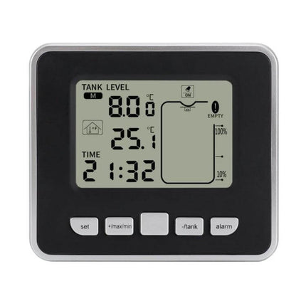 Electronic Water Tank Level Gauge with Temperature Monitor digital display showing tank level, temperature 25.1°C and time 21:32