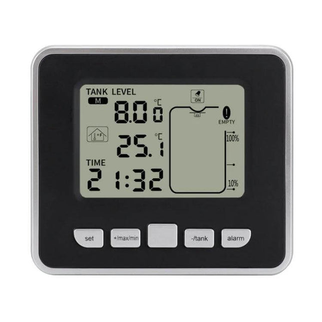 Electronic Water Tank Level Gauge with Temperature Monitor digital display showing tank level, temperature 25.1°C and time 21:32