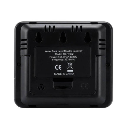 Electronic Water Tank Level Gauge with Temperature Monitor - rear view of black digital receiver unit showing battery compartment and mounting slots