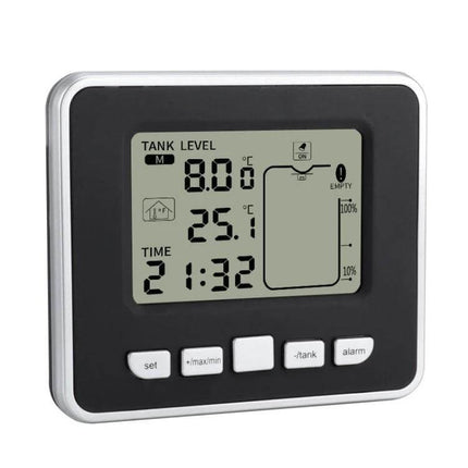 Electronic Water Tank Level Gauge with Temperature Monitor digital display showing level 8.0m temperature 25.1°C time 21:32 for home and farm tanks