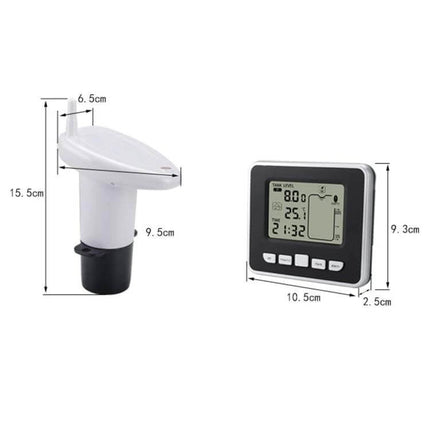Electronic Water Tank Level Gauge with Temperature Monitor showing sensor probe and LCD display with measurements and dimensions