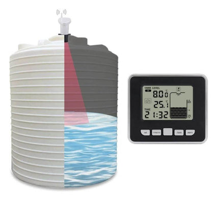 Electronic Water Tank Level Gauge with Temperature Monitor showing probe atop tank and digital display with level and temperature readouts
