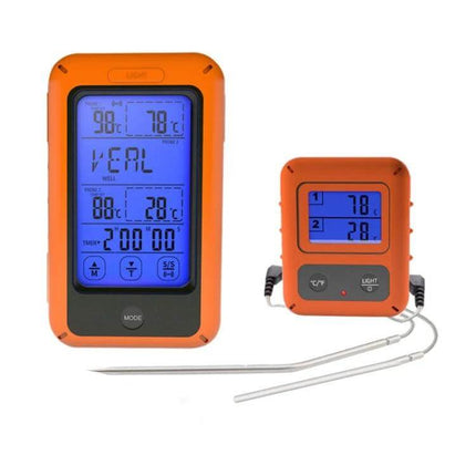 Wireless Food Thermometer Dual-Channel Touch Screen for Home Cooking showing orange dual-unit with blue-backlit display and two probes