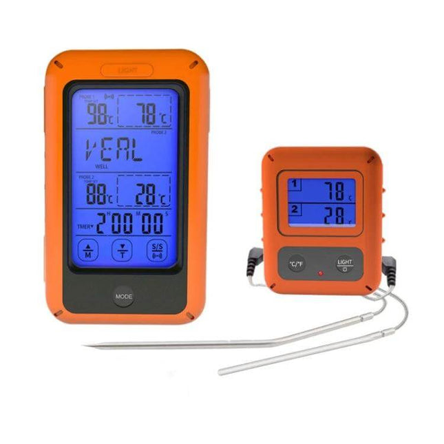 Wireless Food Thermometer Dual-Channel Touch Screen for Home Cooking showing orange dual-unit with blue-backlit display and two probes