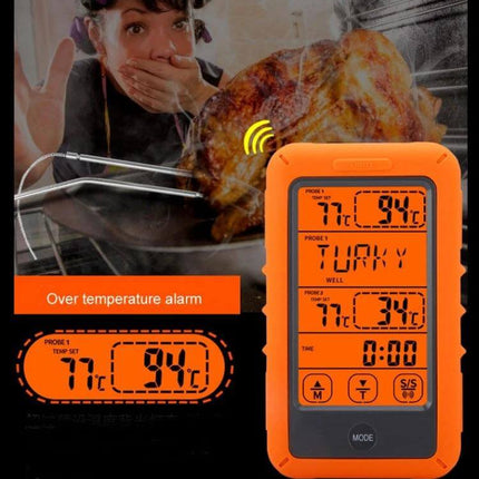 Wireless Food Thermometer Dual-Channel Touch Screen for Home Cooking orange dual-probe thermometer with blue-backlit display monitoring turkey and over-temperature alarm