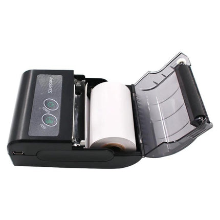 Portable Bluetooth Thermal Printer for Receipts and Labels shown open with paper roll and clear label printing path