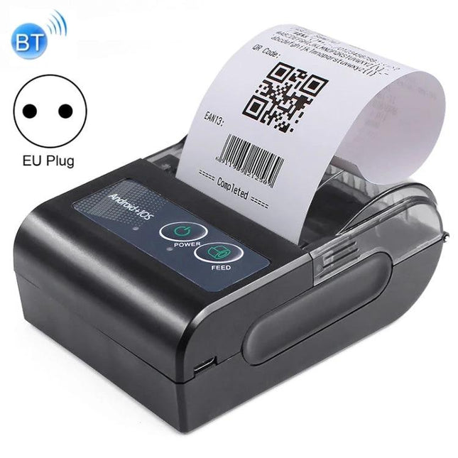 Portable Bluetooth Thermal Printer for Receipts and Labels showing receipt with QR code and EU plug icon