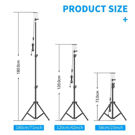 Portable Camping Lamp With Adjustable Bracket For Outdoors showing adjustable metal bracket heights 180cm 120cm 58cm tripod and USB cord