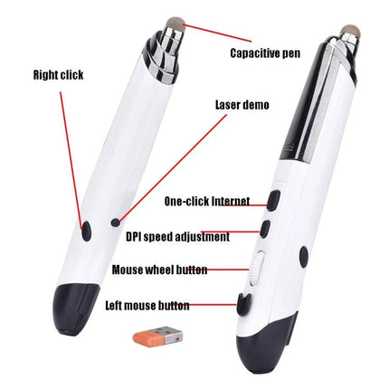 Wireless Multi-Function Pen for Presentations and Whiteboards — white 2.4GHz remote with capacitive tip, laser demo, mouse buttons, USB receiver