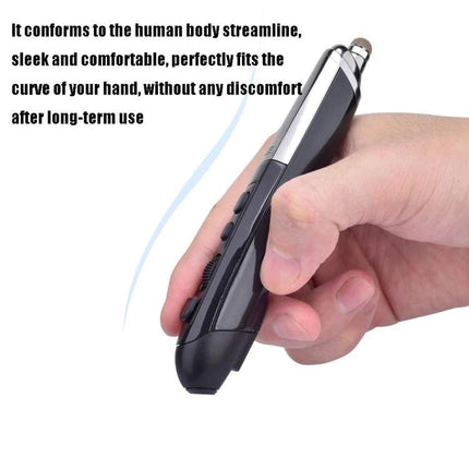 Wireless Multi-Function Pen for Presentations and Whiteboards held in hand showing ergonomic grip and 2.4GHz remote control buttons