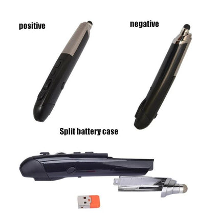 Wireless Multi-Function Pen for Presentations and Whiteboards shown from multiple angles with split battery case and USB 2.4GHz receiver
