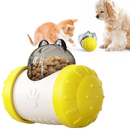 Interactive Balance Toy for Pets During Home Playtime - yellow wobble feeder dispensing kibble to cat and dog
