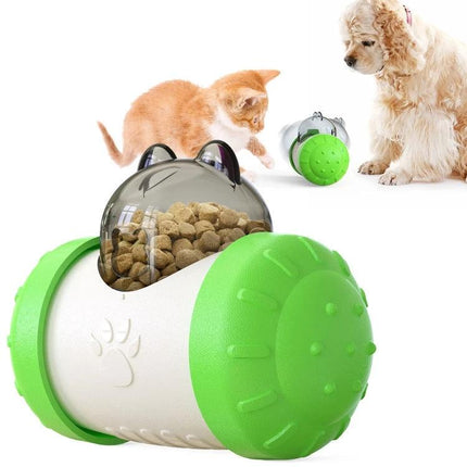 Interactive Balance Toy for Pets During Home Playtime - green plastic wobble feeder dispensing kibble for cat and dog