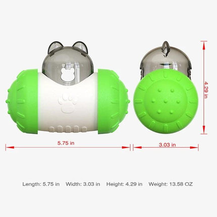Interactive Balance Toy for Pets During Home Playtime — green and white wobble feeder toy with clear top, dimensions shown