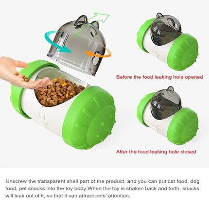 Interactive Balance Toy for Pets During Home Playtime - green plastic wobble treat dispenser releasing kibble as pet plays