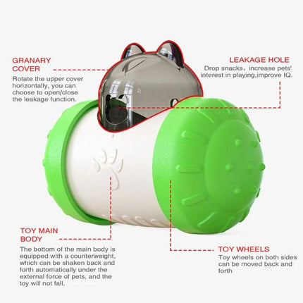 Interactive Balance Toy for Pets During Home Playtime - green and white wobbling treat dispenser with leakage hole and granary cover