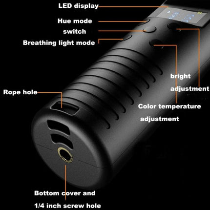 Adjustable RGB Light Stick for Photography Sessions handheld tube LED with buttons, display, color temperature and brightness adjustment controls
