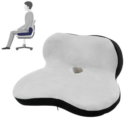Memory Foam Petal Seat Cushion For Office Chair And Car showing gray petal-shaped lumbar seat cushion with center hole for posture support