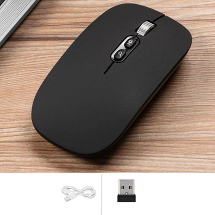 Wireless Office Mouse with Voice Assistant and Color Options - sleek black wireless mouse on wood desk with USB receiver and charging cable