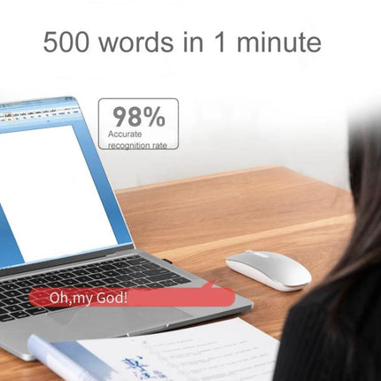 Wireless Office Mouse with Voice Assistant and Color Options shown next to laptop demonstrating 500 words per minute and 98% recognition