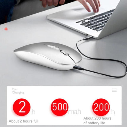 Wireless Office Mouse with Voice Assistant and Color Options - silver wired charging demo beside laptop, shows 500mAh battery stats