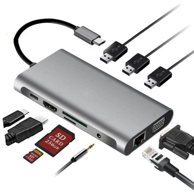 Type-C Multi-Function Docking Station for Charging and Connecting with HDMI, VGA, Ethernet, SD card slot, 3x USB3.0 ports and audio jack