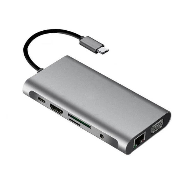 Type-C Multi-Function Docking Station for Charging and Connecting shown in silver with USB-C cable, HDMI, USB3.0 ports, SD card slot, Ethernet and VGA