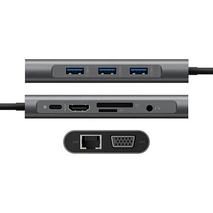 Type-C Multi-Function Docking Station for Charging and Connecting showing three USB3.0 ports, HDMI, SD card slots, Ethernet LAN and VGA ports