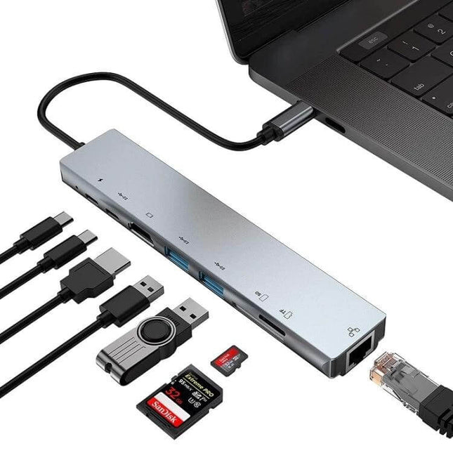 Type-C Multi-Port Docking Station for Versatile Connections showing hub connected to laptop with HDMI, Ethernet, USB, and SD card slots