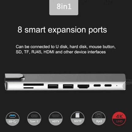 Type-C Multi-Port Docking Station for Versatile Connections with 8 Ports including HDMI 4K, SD/TF, RJ45, USB and Type-C