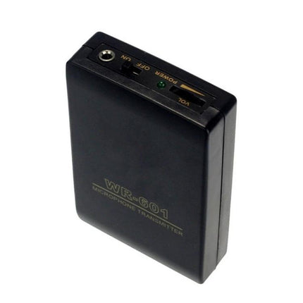 Lavalier Microphone for Daily Business Interactions wireless transmitter unit WR-601 shown from an angle, compact black body