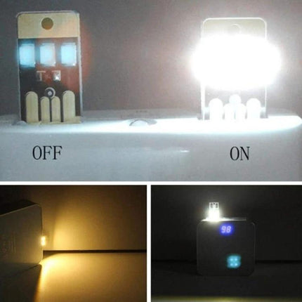 LED Keychain Light for Camping and Desk Use showing compact USB LED on (right) and off (left), plus warm and cool light examples