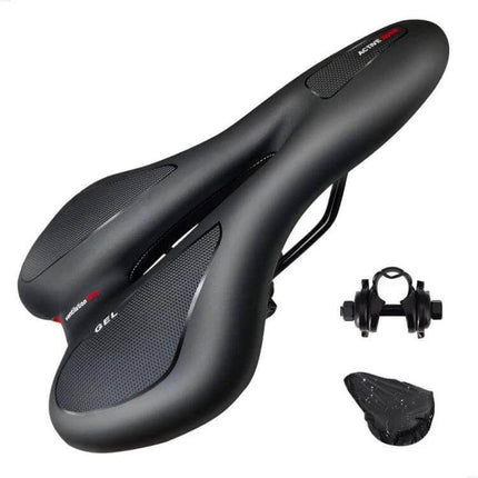 Silicone Gel Mountain Bike Saddle For Everyday Comfort - black breathable PU leather gel seat with hollow channels, 28×16cm, 560g, includes clamp and cover