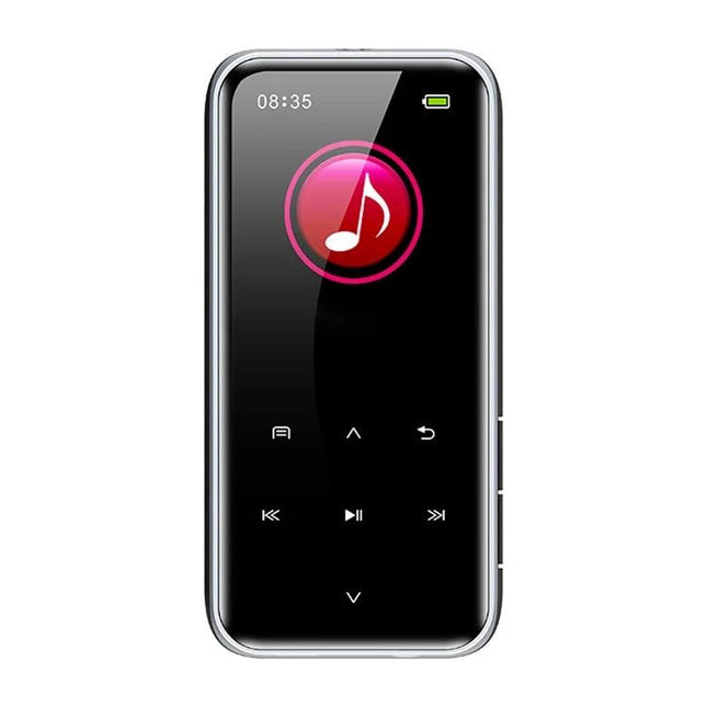 Portable Bluetooth MP3 Player for Music Playback and Recording - compact black touchscreen device with playback and recording icon