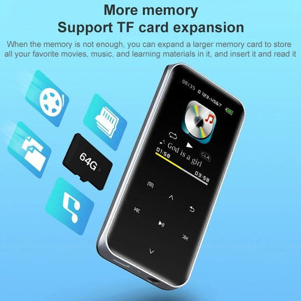 Portable Bluetooth MP3 Player for Music Playback and Recording showing compact device with touch buttons, 64GB TF card support and music playback screen