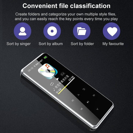 Portable Bluetooth MP3 Player for Music Playback and Recording showing touchscreen, file classification icons, and compact design