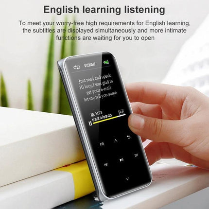 Portable Bluetooth MP3 Player for Music Playback and Recording showing touch controls, screen with subtitles, compact design and Bluetooth connectivity