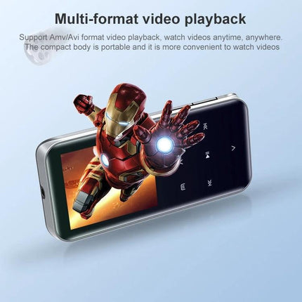 Portable Bluetooth MP3 Player for Music Playback and Recording showing compact device playing video with touch buttons and Bluetooth connectivity