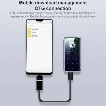 Portable Bluetooth MP3 Player for Music Playback and Recording connected to phone via OTG cable showing music files and playback screen