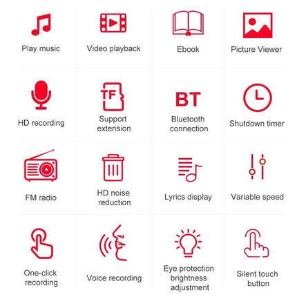 Portable Bluetooth MP3 Player for Music Playback and Recording with icons showing play, recording, Bluetooth, FM radio, touch controls and battery life