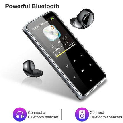 Portable Bluetooth MP3 Player for Music Playback and Recording shown with earbuds, touchscreen controls and Bluetooth connectivity