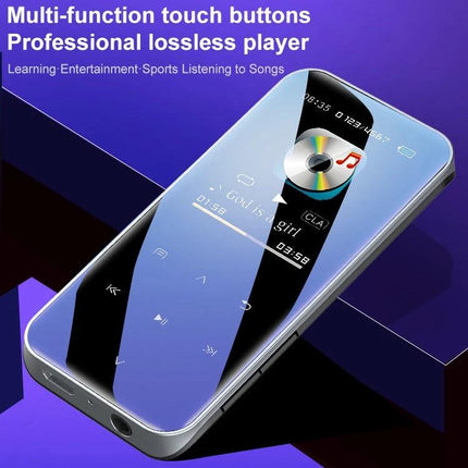 Portable Bluetooth MP3 Player for Music Playback and Recording showing sleek touch-button design, Bluetooth streaming, recording and long battery life