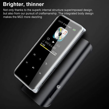 Portable Bluetooth MP3 Player for Music Playback and Recording shown with touchscreen, compact design, long battery life and built-in voice recording