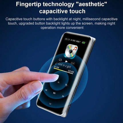 Portable Bluetooth MP3 Player for Music Playback and Recording with capacitive touch, compact design, long battery life and recording feature