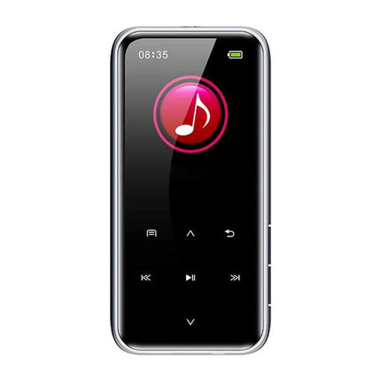 Portable Bluetooth MP3 Player for Music Playback and Recording showing touchscreen controls, music icon, compact black design with long battery life