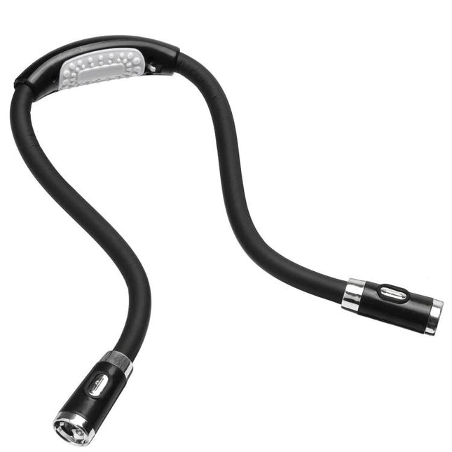 Hands-Free Neck Light for Reading in Bed or Travel - flexible black gooseneck LED with dual heads for bedside or travel use
