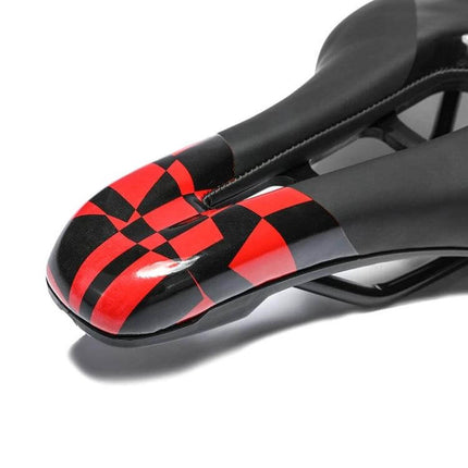 Yafee Bicycle Seat Saddle, Wide Cushion for Mountain and Road Bikes - black PU leather with red checkered design, hollow comfort cutout
